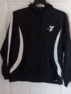 Sport-Tek Men’s Black and White Pullover Windbreaker with Hood